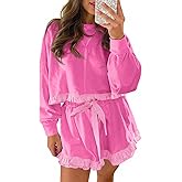 Fisoew Women's 2 Piece Lounge Sets Color Block Ruffle Cropped Sweatshirts Loose Drawstring Waist Shorts Sweatsuits