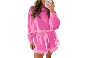 Fisoew Women's 2 Piece Lounge Sets Color Block Ruffle Cropped Sweatshirts Loose Drawstring Waist Shorts Sweatsuits