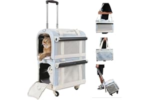 THEYFIRST Double Cat Carrier for 2 Cats with Wheels, 3-in-1 Pet Stroller Removable Carrier Trolley Bags Small Dogs Puppy, Large Pet Rolling Carriers Sof for Travel Trip Backpack Outdoor Portable, Blue