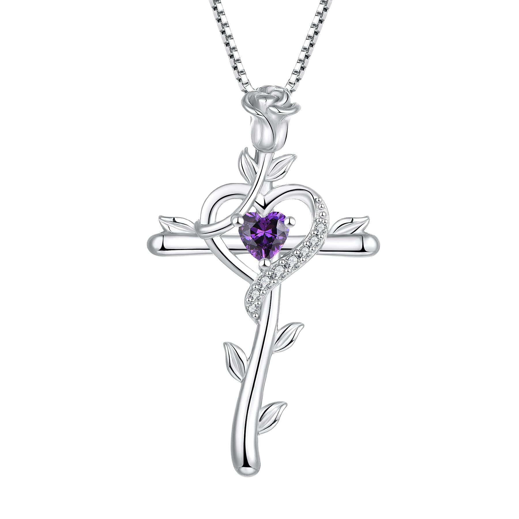 starchenie Cross Necklace 925 Sterling Silver Heart Birthstone Rose Crucifix Amethyst Zirconia Pendant Jewelry Gift for Women