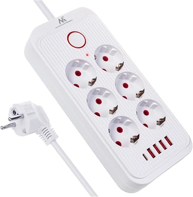 MCE389/391 Multiprise | 6 Prises 4xUSB 1xUSB-C 2500W | Rallonge de Bureau avec Interrupteur | Ports 45° | Montage Mural (Blanc, 1,5m)