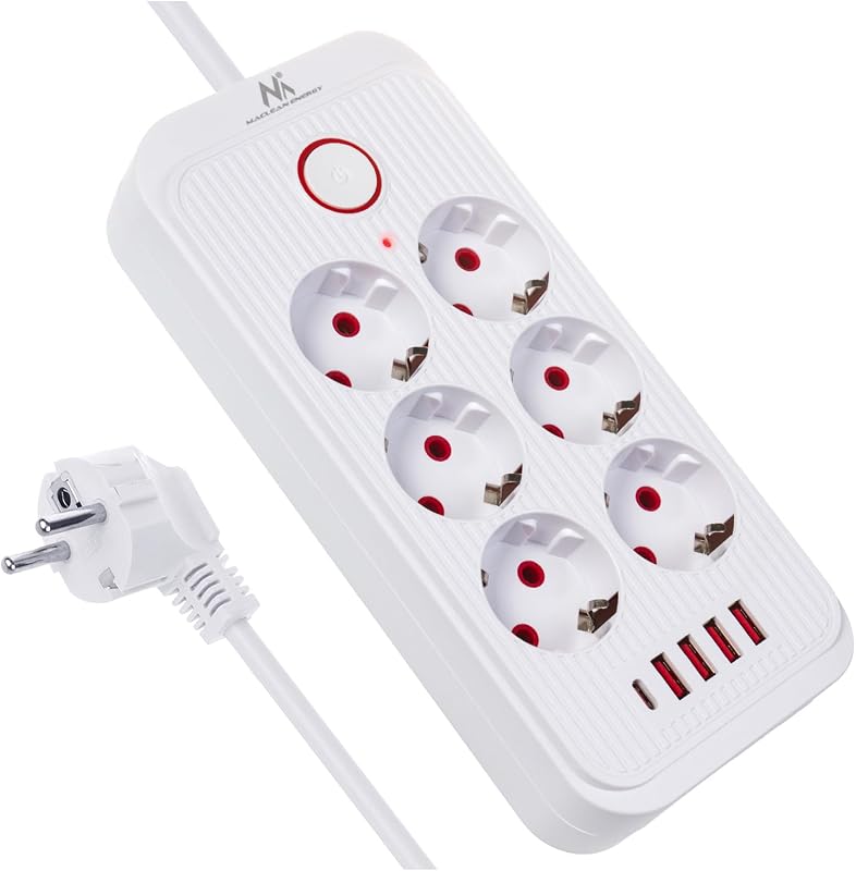 Regleta MCE389/391 | 6 Conectores 4xUSB 1xUSB-C 2500W | Cable de extensión de Escritorio con Interruptor | Puertos 45° | Montado en la Pared (Blanco, 1,5 m)