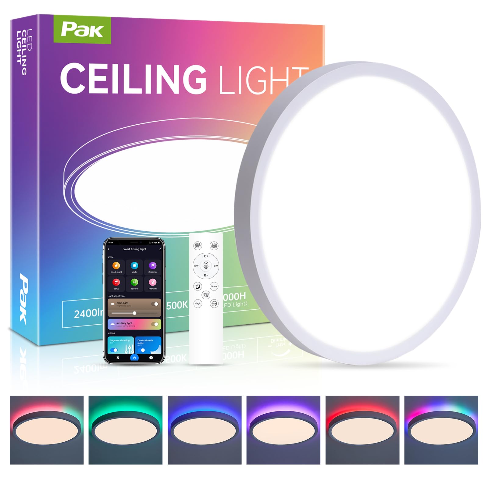 Photo 1 of 12 Inch Smart Ceiling Light, RGB+IC LED Flush Mount Light Fixture, 2400LM Dimmable, APP & Remote Control, 2700K-6500K DIY Color Ceiling Light for Bedroom Living Room, Works with Alexa & Google Home