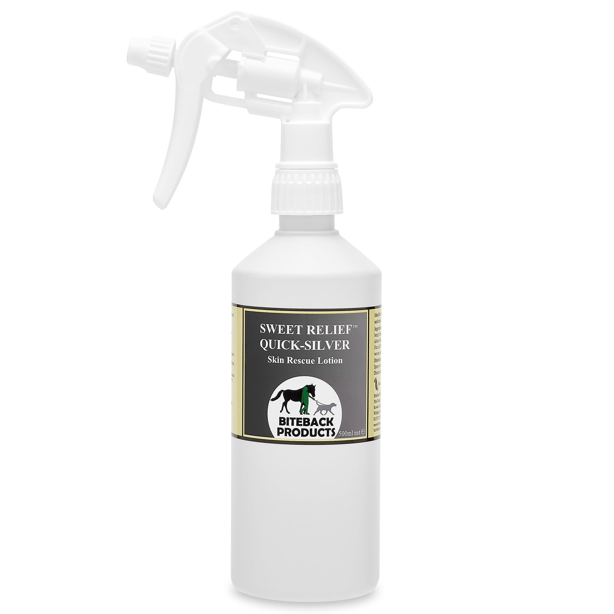 Biteback Products 'Sweet Relief Quick-Silver' - Ultimate Skin Defence Lotion, Antibacterial Spray for Horses, Antiseptic Spray for Dogs, Trusted Health Supplies for Pets, Safe on Skin - 500ml