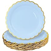 HEIPINIUYE 50 Pieces Light Blue Paper Plates with Gold Foil 7 Inch Disposable Baby Blue Scalloped Dinner Plates for Wedding Baby Shower Birthday Party Dessert Plate