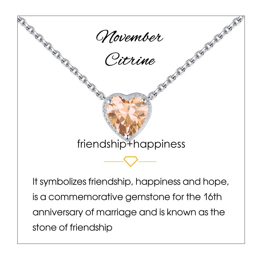 Qings Birthstone Heart Necklaces, 925 Sterling Silver November Birthstone Pendant Necklace, Adjustable Chain Gift Box, 12 Months Jewellery for Women Valentines Gift For Her Wife Girls Birthday Wedding