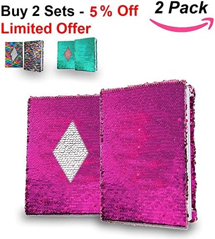AUTHENTIC Sequin Notebook Easily Change Pink to Silver (White Ruled Paper). Kids Sequin Journal for Great Writing, Good Studying, Relaxing by HADeco, pack of 2 (Pink/Silver)