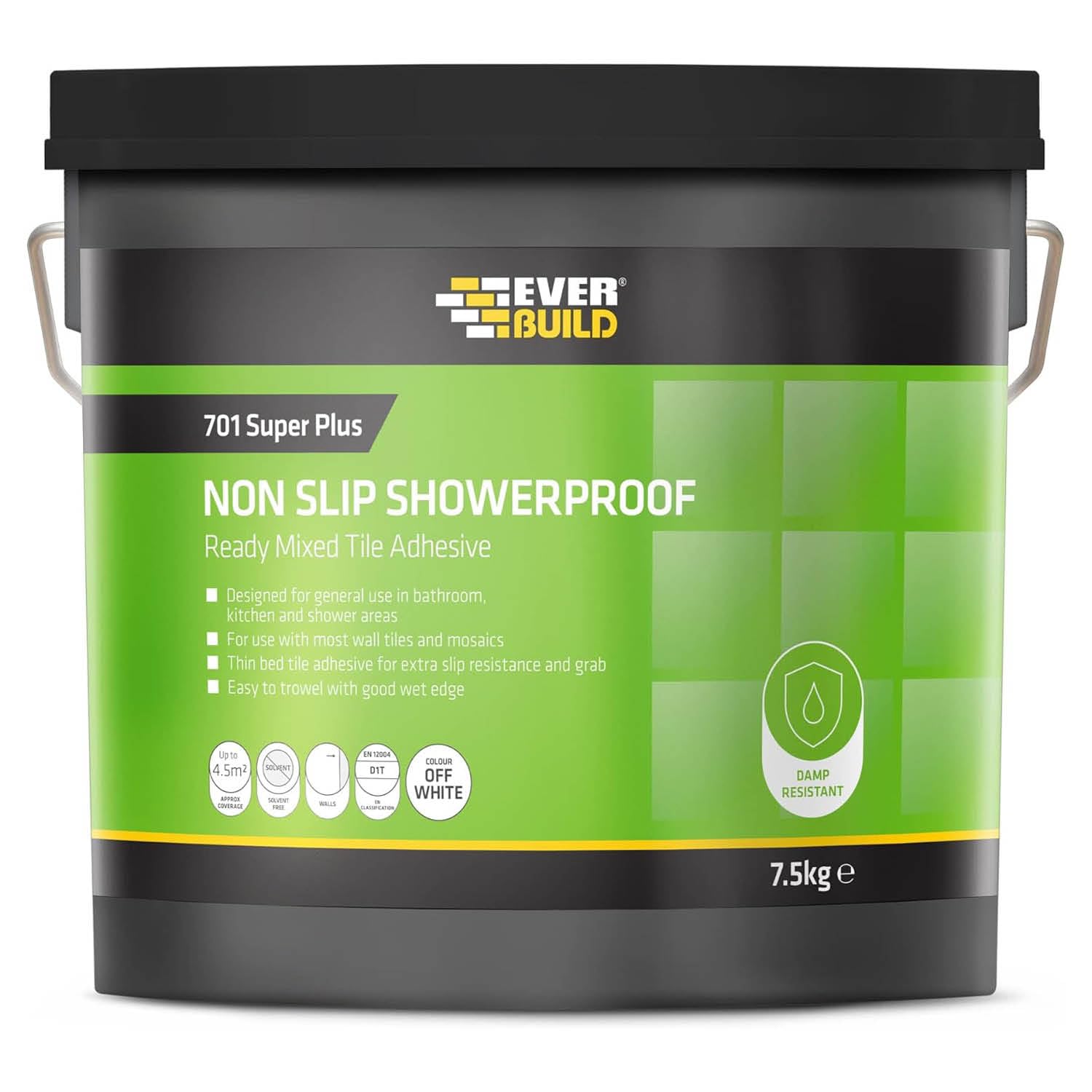 Everbuild 701 Non Slip Tile Adhesive – Ready Mixed – Acrylic Based – Easy To Apply – High Strength – White – 7.5kg
