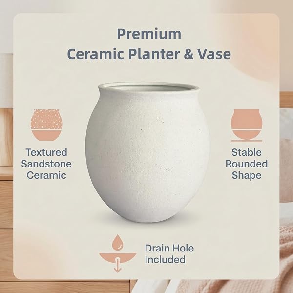 KAYOLIN ROUND WIDE MOUTH WHITE CERAMIC VASE -9.7″ LARGE FLOWER POT WITH DRAINAGE HOLE FOR INDOOR PLANTS, GRAVEL TEXTURED CREAM WHITE VASE & PLANTER FOR HOME DECOR