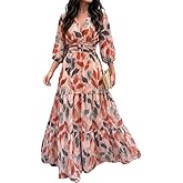 CHICME Women’s Summer Boho Maxi Dress V Neck 3/4 Puff Sleeve Floral Print Casual Vacation Beach Long Dress