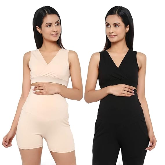 Crossover Maternity & Nursing Bra - Skin & Black