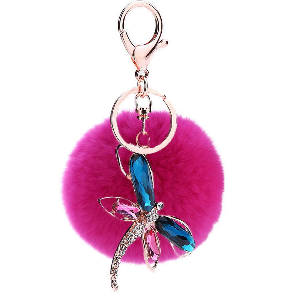 JK Home Dragonfly Pendant Ball Pom Pom Keychain for Car Phone Bag Toy Rose