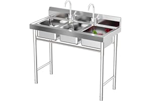 39" x 18" 35.8" 3 Compartment Commercial Bar Sink, Stainless Steel Sink Freestanding Kitchen Utility Basin for Outdoor Indoor