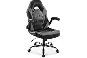 DUMOS Computer Game Desk Chair - Ergonomic PU Leather Lumbar Support, Height Adjustable High Back Video Game with Flip-up Armrest, Rolling Swivel for Adults, Deep Grey