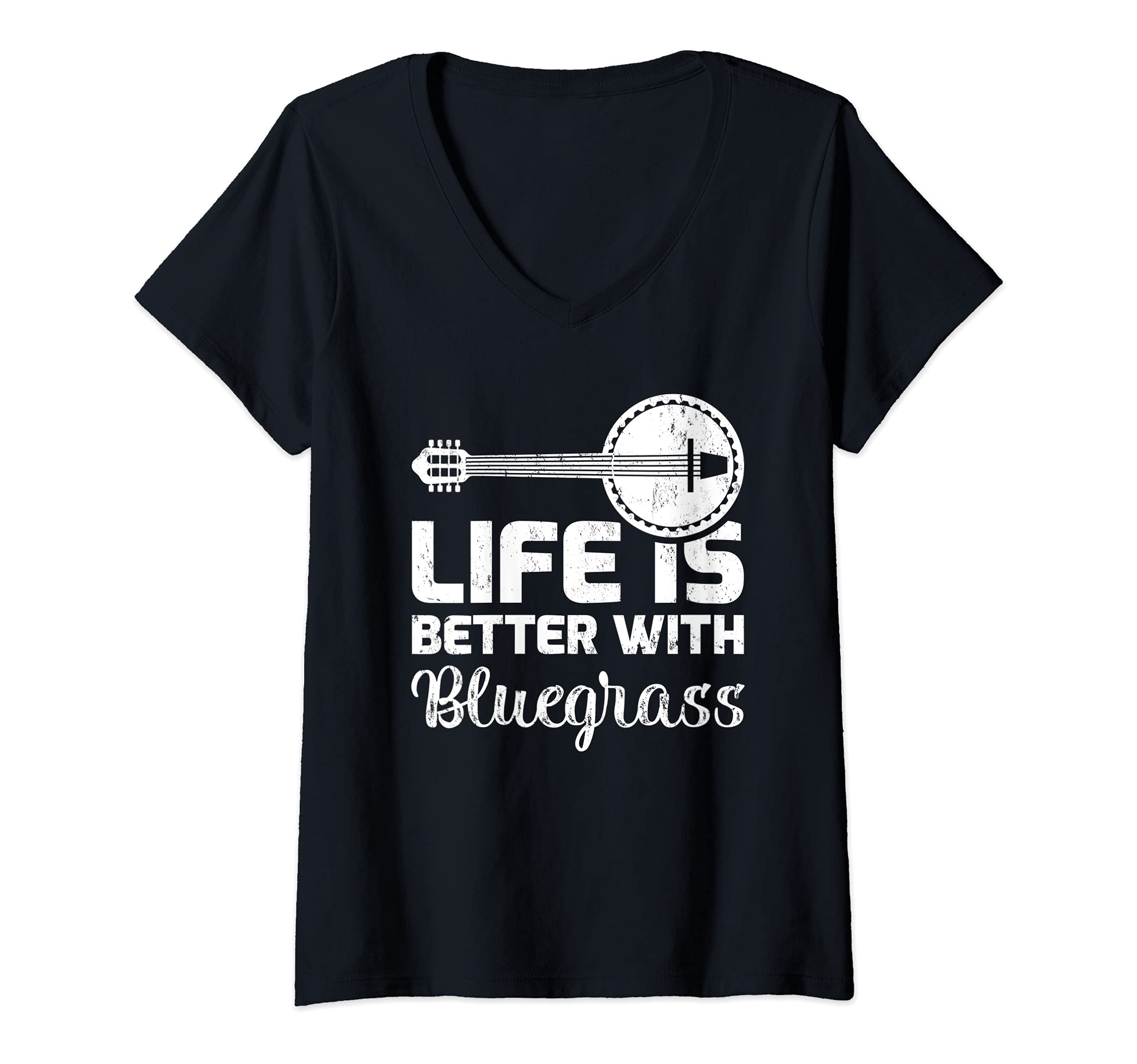 Womens Banjo Guitar Lover Life Is Better With Bluegrass Music V-Neck T-Shirt
