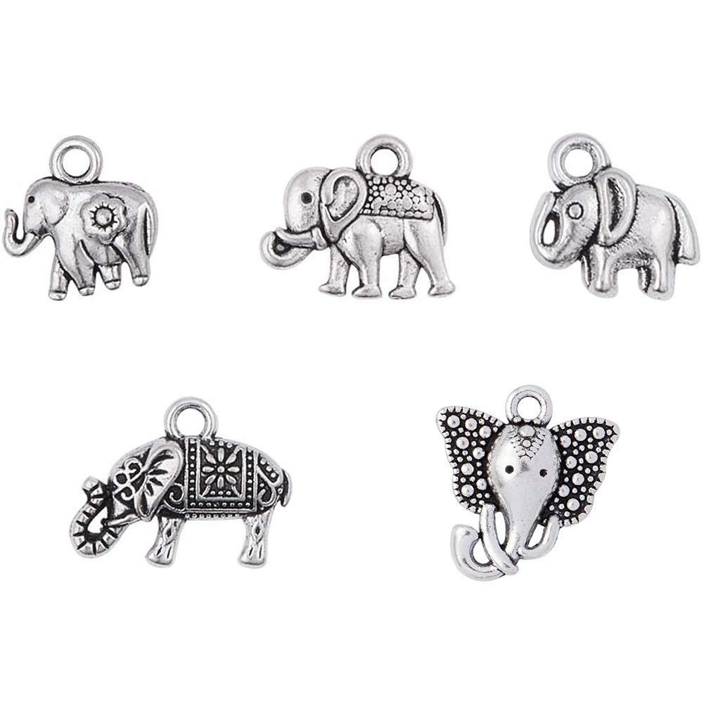 PH PandaHall 100pcs 5 Styles Antique Silver Tibetan Alloy Animal Elephant Charms Pendants Lucky Beads Charms for DIY Bracelet Necklace Jewellery Making