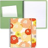 WRENBEN Large Spiral Notebook College Ruled 11" x 9.5" with Two Pockets, Elastic Band, Durable Hardcover, 3-color Paper and 160 Lined Pages (Orange Floral)