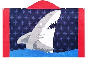 BANGSAUR Kids Hooded Beach Bath Towels, 100% Cotton 50"x30" Wrap Blanket, Toddlers Boys 3-12 Years Coverup Towel White Shark
