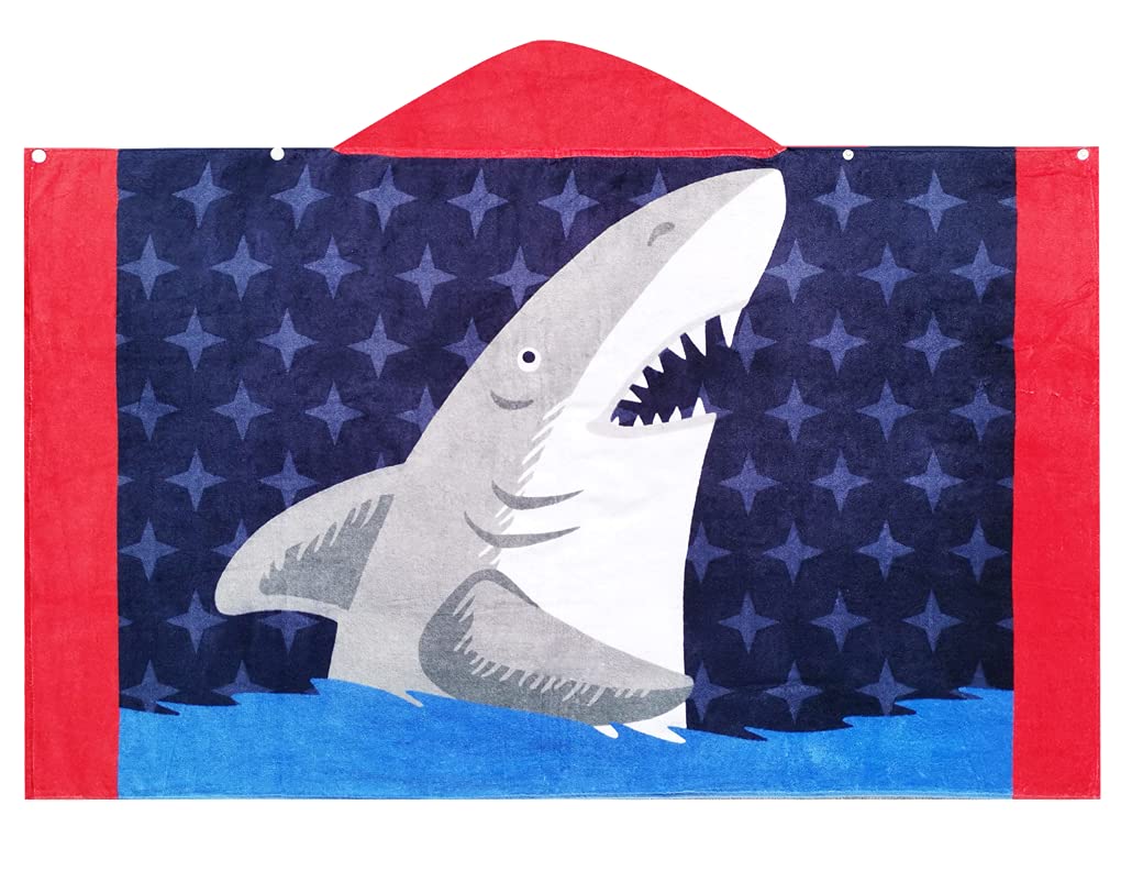 BANGSAUR Children's Hooded Bath Beach Towel, 100% Cotton 50"x30" Wrap, Kids Toddlers Girls Boys 3-12 Years Coverup(White Shark)