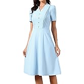 Allegra K Work Dresses for Women Midi Length Short Sleeve V Neck Button Decro A-Line Business Casual Dress