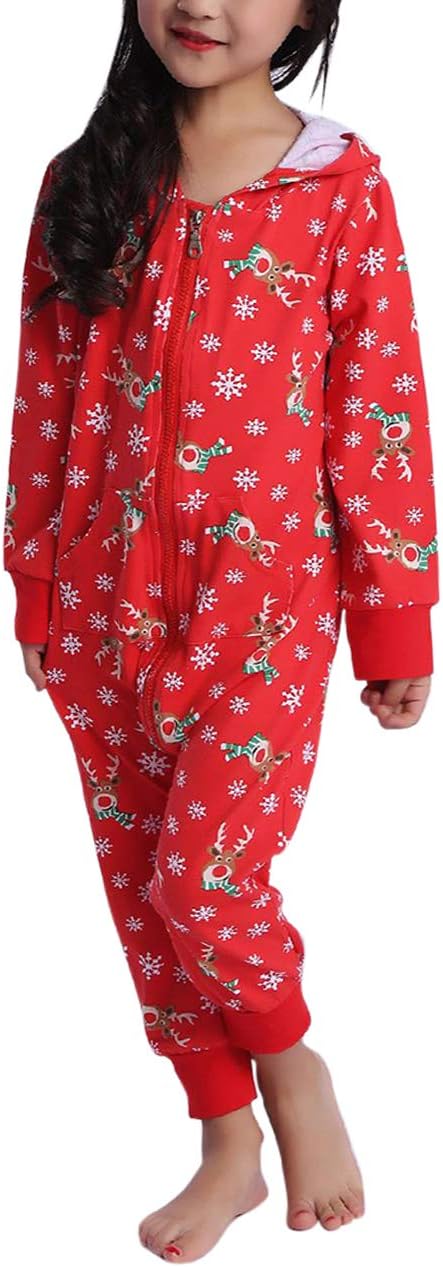 besbomig One-Piece Christmas Printed Hooded Home Clothes Jumpsuit Pajamas Matching for Women, Men, Girls and Boys