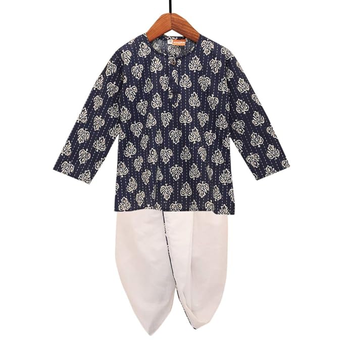 Kid1 By Hopscotch Boys Pure Cotton Sangnari Kurta And Dhoti In Blue Color