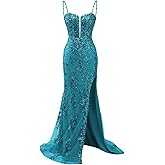 Lace Applique Tulle Prom Dresses for Women 2026 Spaghetti Straps Mermaid Formal Evening Dress Ball Gown with Slit