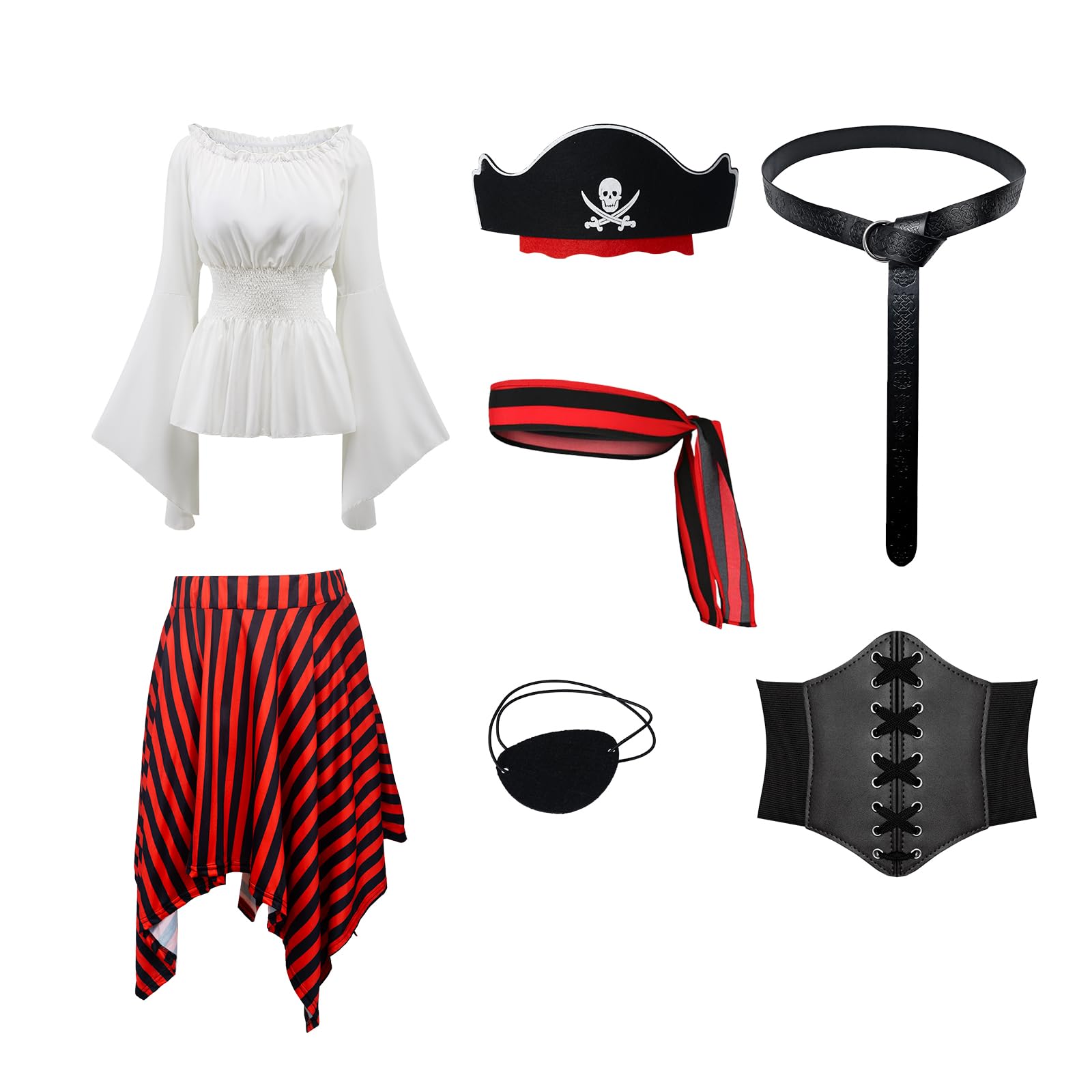 YRTBGD 9 Pcs Pirate Costume Adult Women, Renaissance Medieval Viking Clothing Dress with Pirate Accessories for Halloween Carnival (White, L)