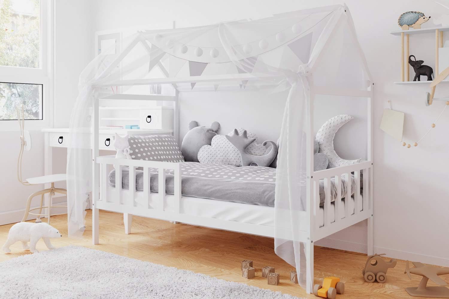 House Bed Montessori with Canopy, Cotton Balls and More 70x140 80x160 - Toddler Cabin Bed with Mattress - for Boys and Girls - Natural Pinewood - Safety Rail - 140x70-9 cm Mattress - Grey - Luxury