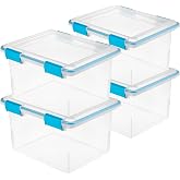 Sterilite Gasket Storage Box with Lids for Home &amp; Office, 32 Quart, 4-Pack | Heavy-Duty, Stackable, and Organizing Containers for Bathroom, Cabinet, Closet, and Garage, Clear and Blue Aquarium Latches