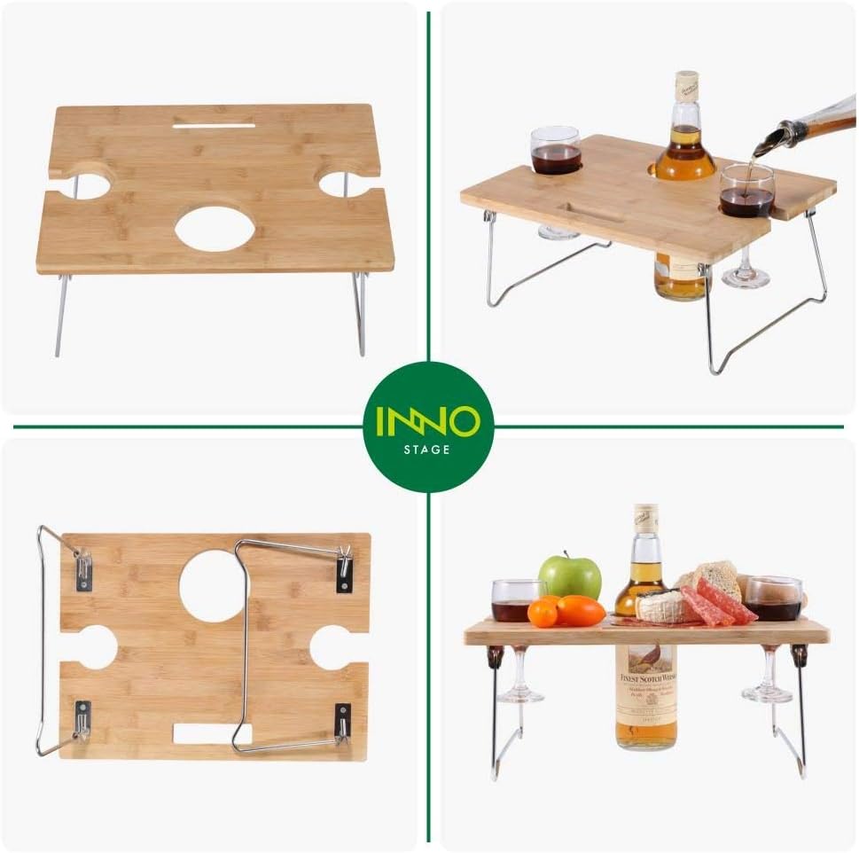 INNOSTAGE Portable and Foldable Wine and Snack Table for Picnic Outdoor on The Beach Park or Indoor Bed-2 Positions: Kitchen & Dining