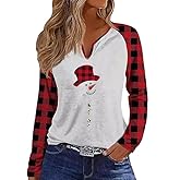 Christmas Snowflake V Neck Shirt for Women Funny Xmas Buffalo Plaid Long Sleeve Graphic Tee Holiday Family Party Winter Tops…