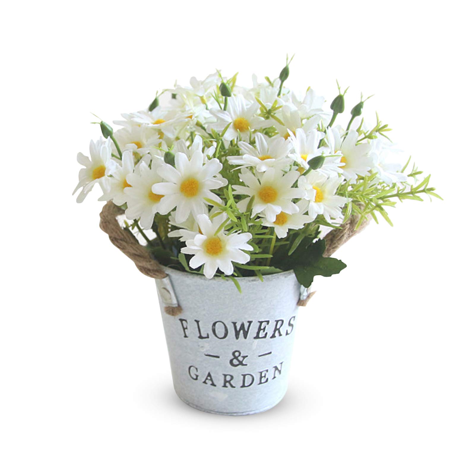 Hwtcjx Artificial Flowers with Vase, Artificial Flowers in Pots, Fake Plants With Metal Pot, Plastic Flower, with Vintage Metal Bucket, Beautiful Decoration, for Wedding, Office, Home (White)