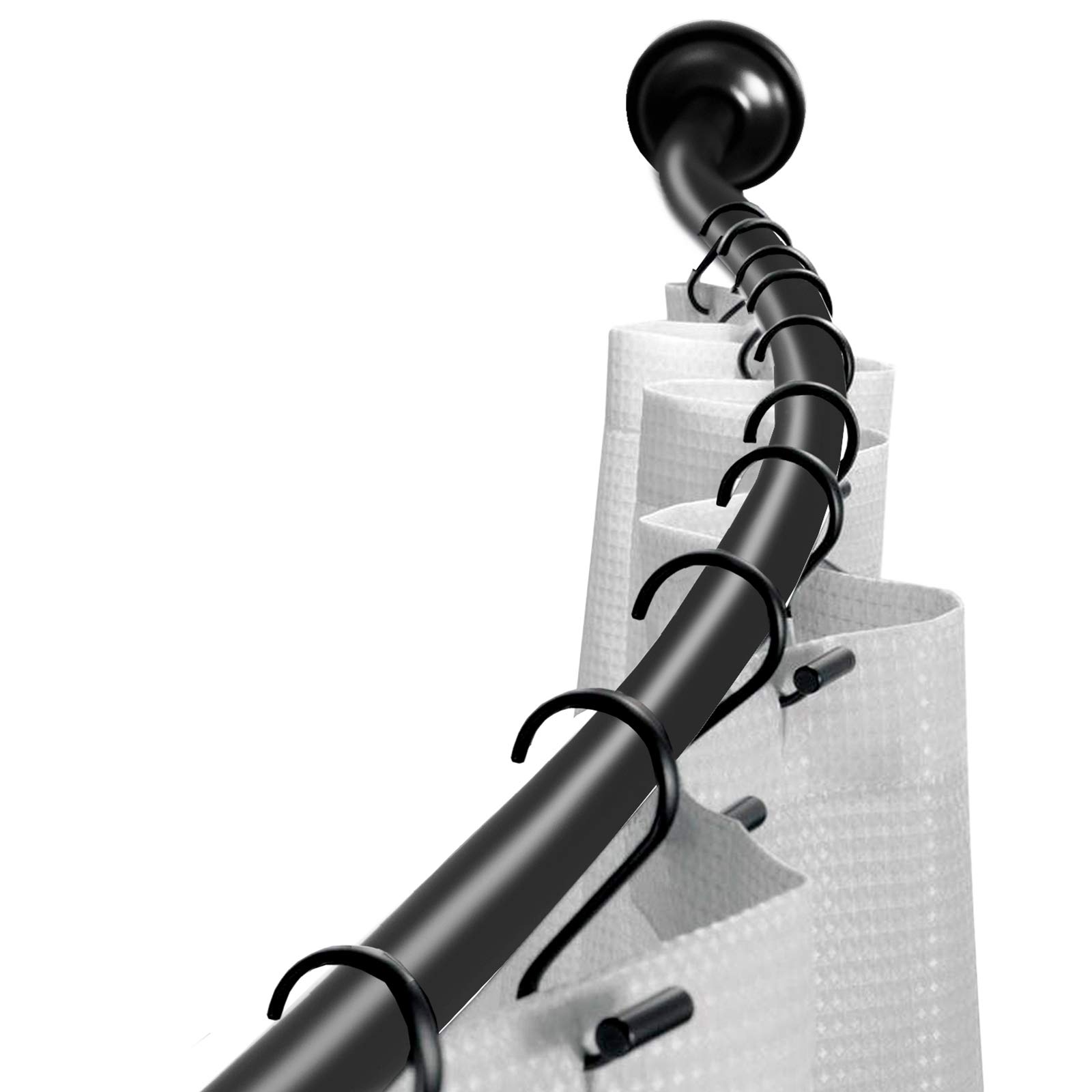 Curved Shower Rod Adjustable 112-180cm, Telescopic Shower Curtain Pole Extensible Shower Rail Including Fittings (Black)