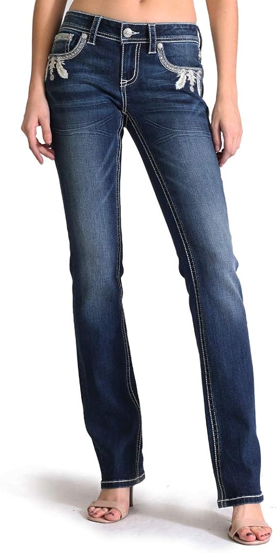 Grace in LA Women's White Feather Embellished Easy Bootcut Jeans | EB-51327 - Size 30 at Amazon 