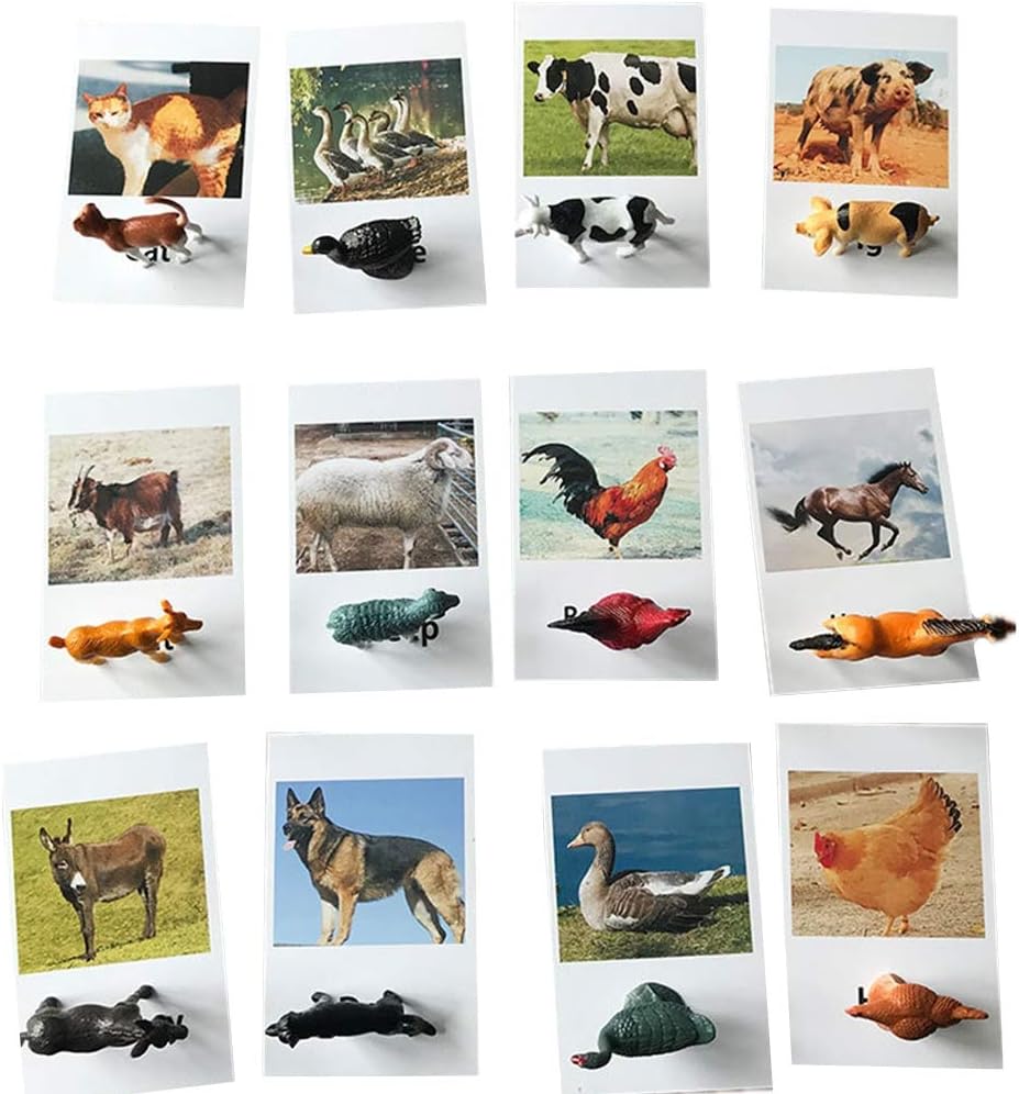 SEALEN Montessori Animal Matching Cards, Miniature Poultry Animals Figurines with Flash Card 12PCS