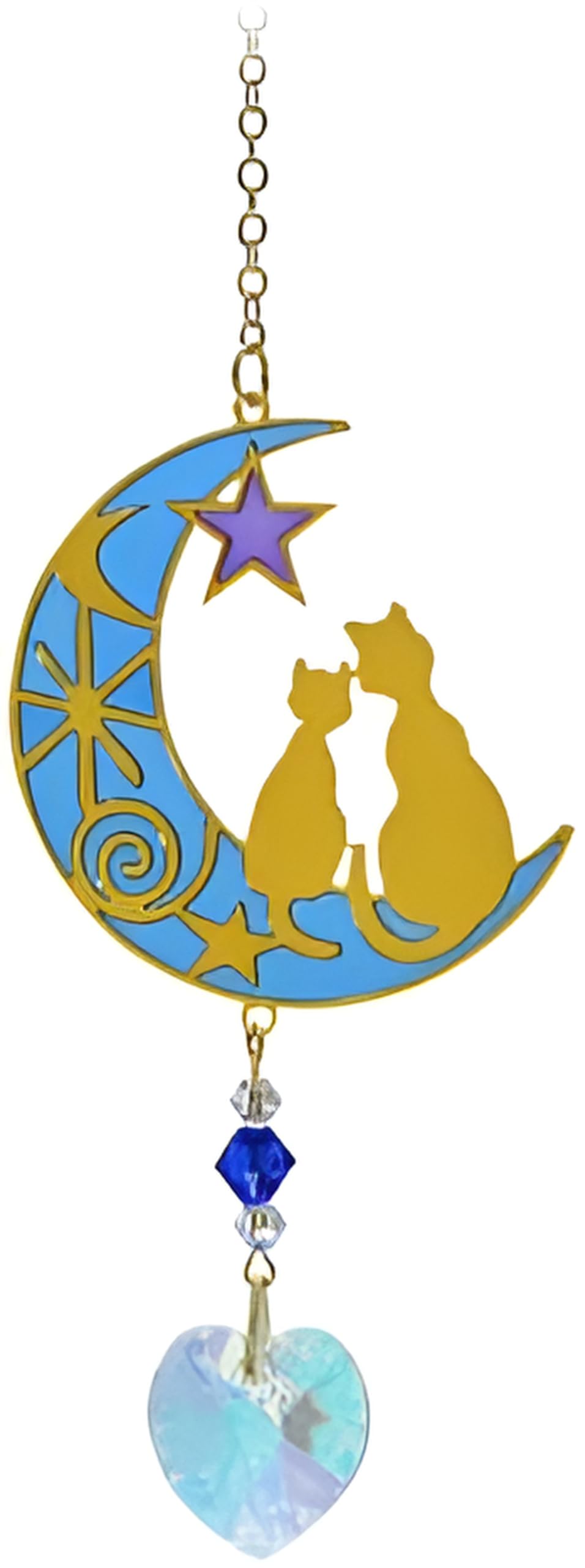 Wild Things Gifts Crystal Suncatcher - Two Cats In Crescent Moon with Star - Hanging Crystal Ornament With Gold Details - Rainbow Effect