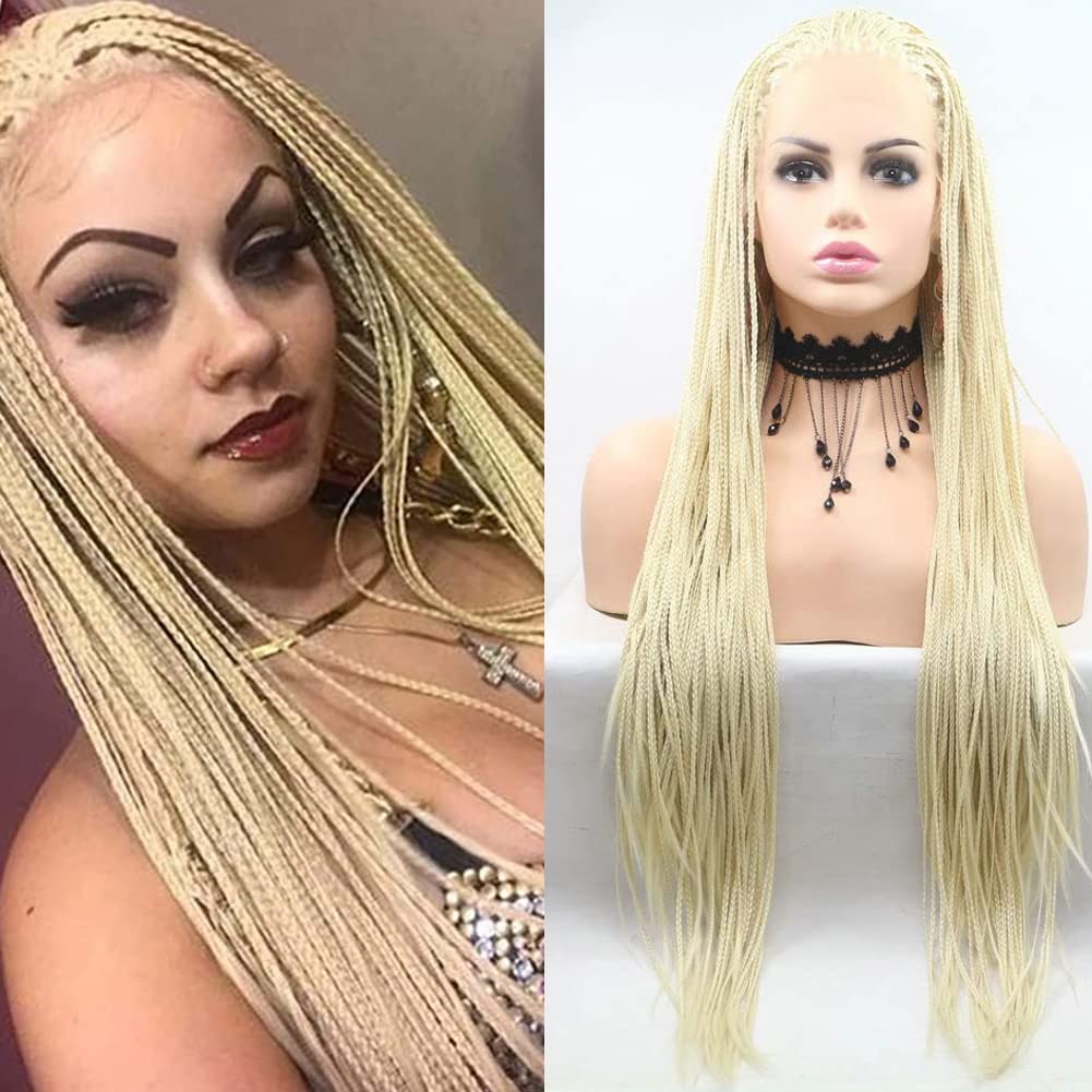 AFBeauty Blonde Micro Braided Wigs Knotless Cornrow Braids Synthetic Lace Front Braided Wig #613 Blonde Box Braided Wig Hand Braids for Women 26’’