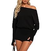 Coloquin Women Off Shoulder Batwing Long Sleeve Bodycon Mini Dress Y2k Party Going Out Dresses