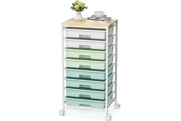 SYKIARIOL Utility Cart with 8 Drawer,Rolling Storage Cart with Wooden Tabletop and Lockable Wheels,Storage Drawer Cart with L