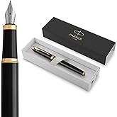 Parker IM Fountain Pen, Black Lacquer with Gold Trim, Fine Nib, Blue Ink Refill, Elegant Gift Box