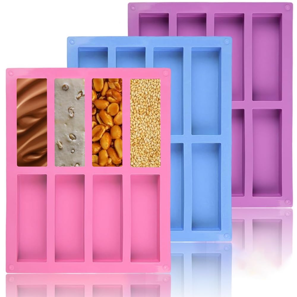 3Pcs Silicone Granola Bars Mould, 8 Cavity Rectangle Chocolate, Silicone Bar Moulds, Energy Cereal Bars Mould, Reusable Silicone Baking Tray for Pudding Butter Soap