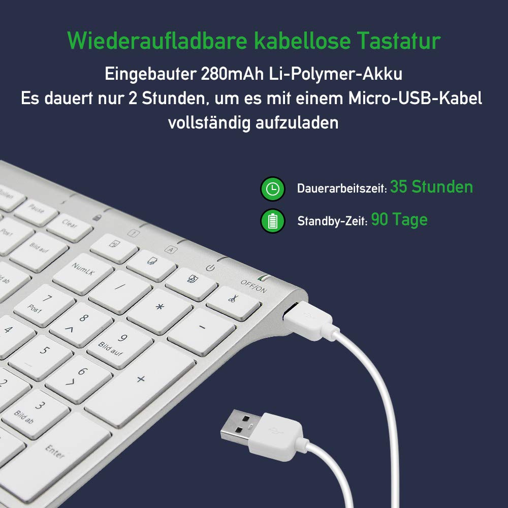 Sonkir Tastatur und Maus, K-18 2,4GHz ultradünne wiederaufladbare Aluminium-Tastatur in voller Größe für Windows, Laptop, PC, Notebook (Silber)