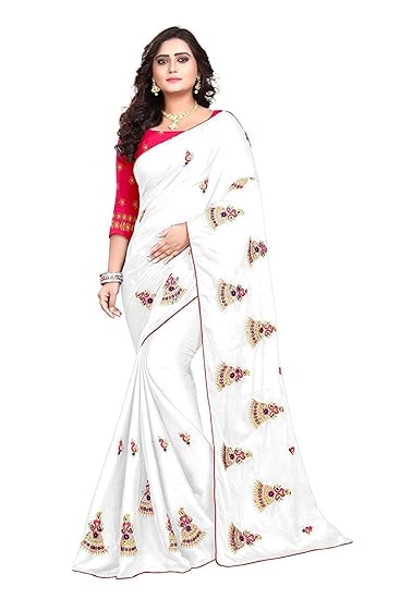 Blue Wish Womens Moss Chiffon Saree With Blouse Piece (BW-75_White)