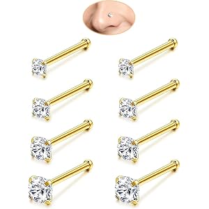 8PCS 18G 20G Gold/Silver Nose Studs, 316L Surgical Steel Straight Bone Set | 4 CZ sizes from 1.5mm to 3mm for subtle to bold