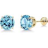 Gem Stone King 14K Yellow Gold Swiss Blue Topaz Stud Earrings for Women | 6.00 Cttw | Gemstone November Birthstone | Round 9MM