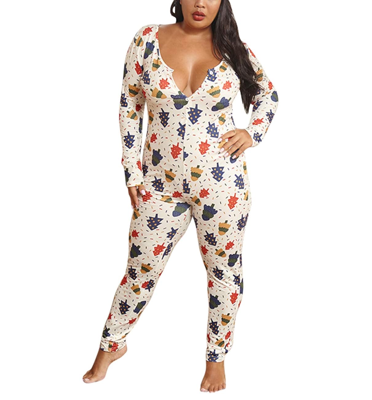 Buy Women's One Piece Onsie Christmas Pajamas, Sexy V Neck Printed