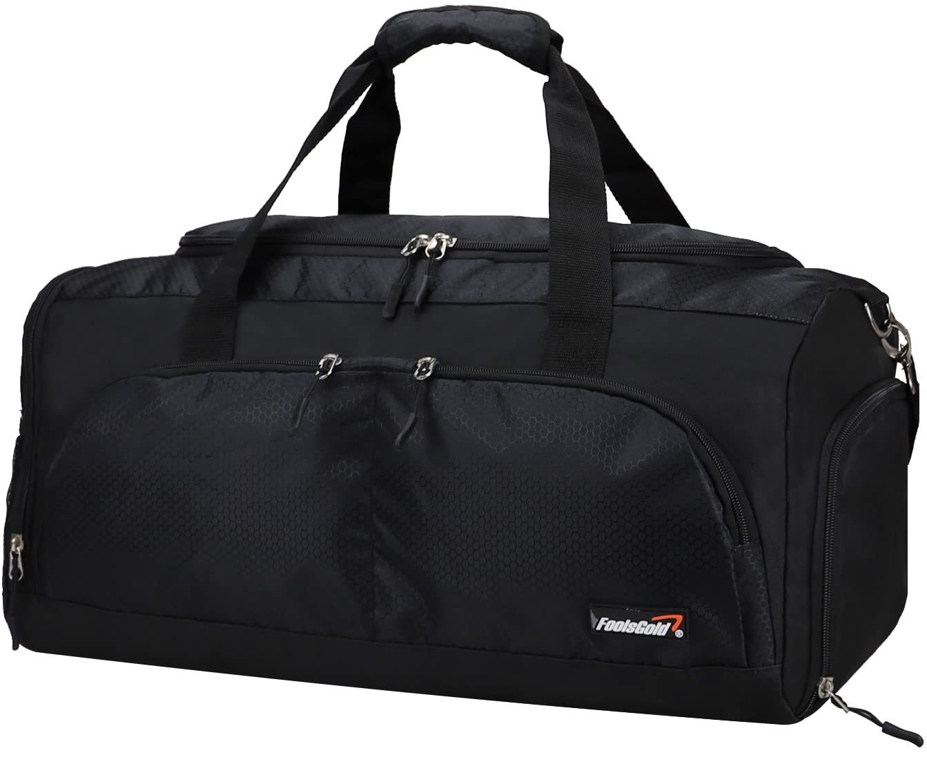 foolsGold Gym Duffle Bag with Shoe Compartment – Large Sports Holdall with Multiple Pockets, Fully Lined Interior, Durable 600D Polyester, Padded Strap & Base Pads – Black