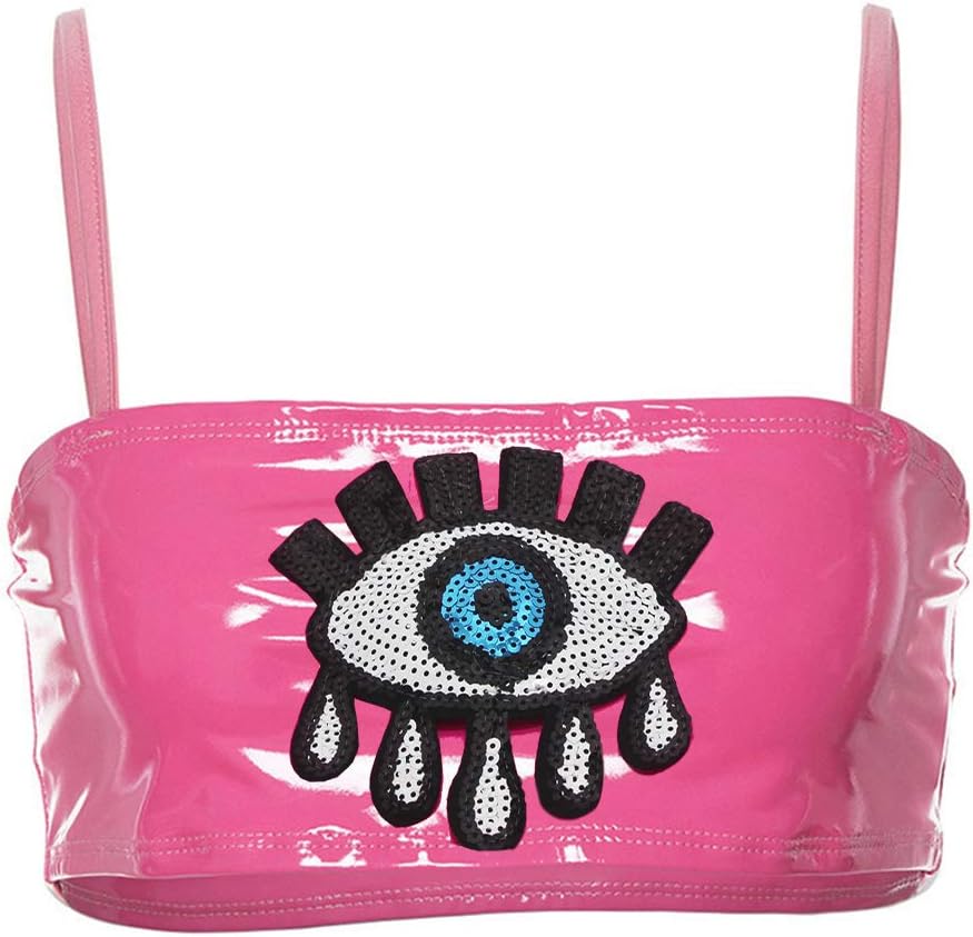 Women Rave Festival Neon PU Leather Crop Tops Spaghetti Straps Tube Top for Club Party
