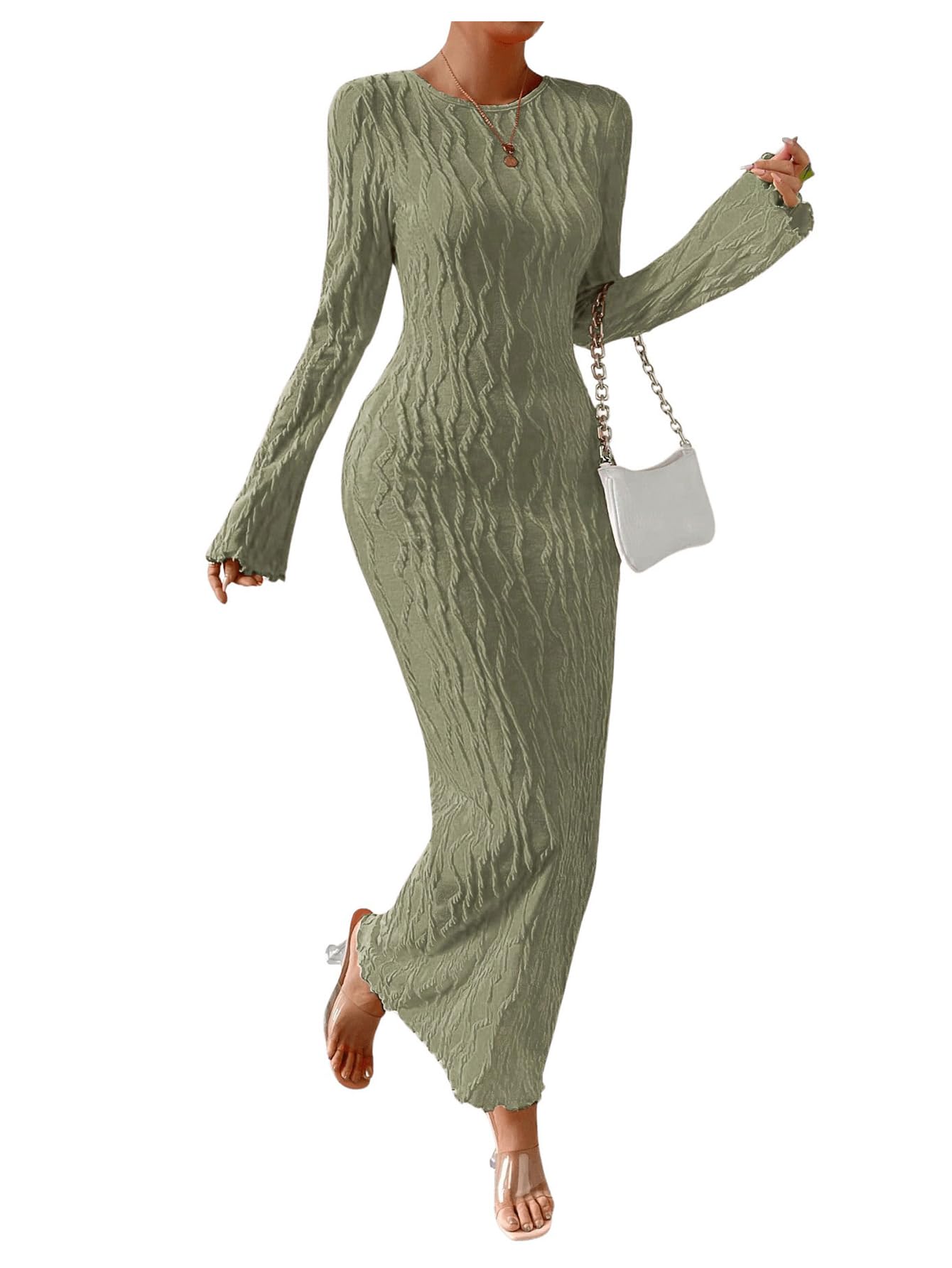 Photo 1 of LARGE-GORGLITTER Women's Long Sleeve Backless Fall Winter Dress Bodycon Textured Knit Maxi Long Dresses 2025 Green